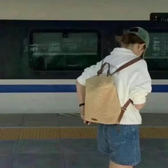 Cyflymder   Fashion Beige Woven Backpack Women Solid Color Large Capacity Lightweight Handbag Daypack Ladies Casual Commuter Mochilas Mujer