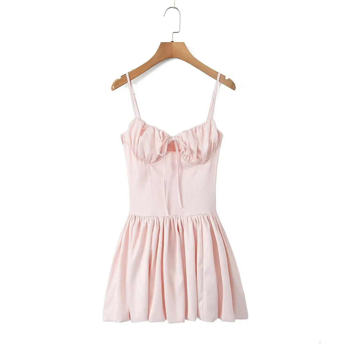 Cyflymder  Women Sexy Pink Bow Ruched Chest Corset Style Satin Sling Dress Low Back Slim Waist Spliced Pleated Swing A line Mini Party Robe
