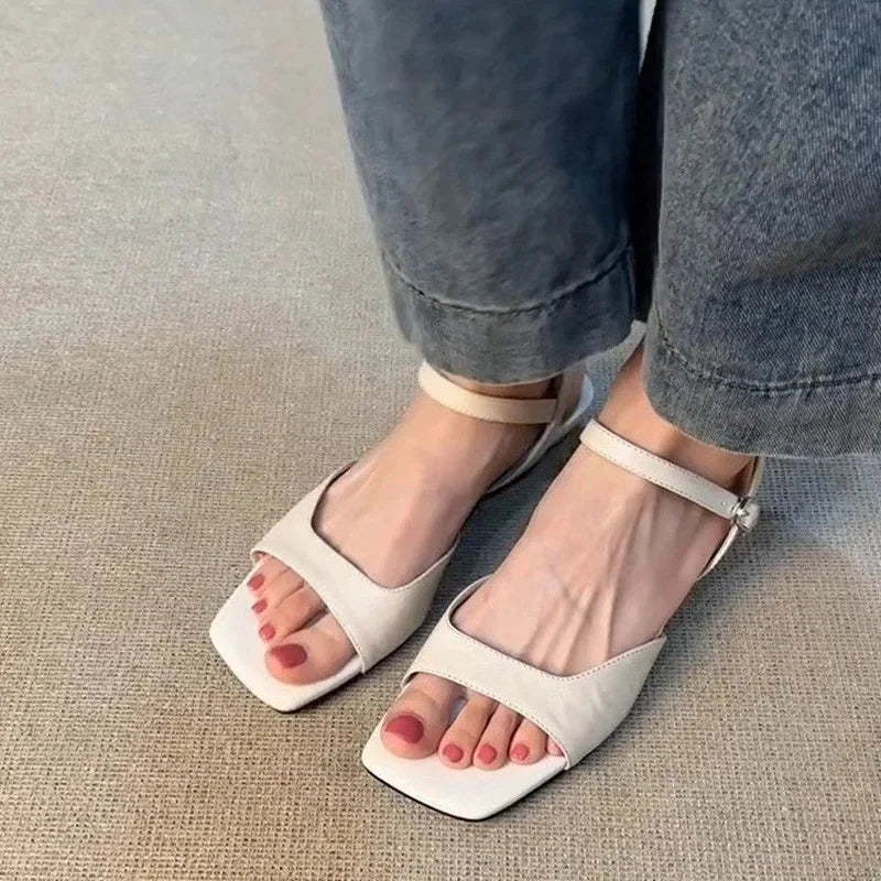Cyflymder   French Vintage Simple Soft Leather Sandals Women's New Style Low Heel Hollow Out Roman Shoes Buckle Strap Slip-On Flats