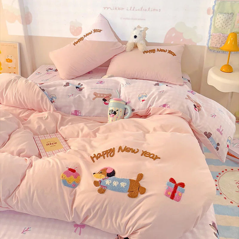 Cyflymder  Cartoon Printed Cloud Cotton Bedding Soft Set Sweet Washed Skin-Friendly Bedclothes Sets Single Textile Supplies for All Seasons