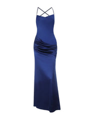Cyflymder  Elegant Satin Slip Maxi Dress for Women Solid Sexy Sleeveless Criss-cross Backless Ruched Slim Bodycon Evening Party Gown