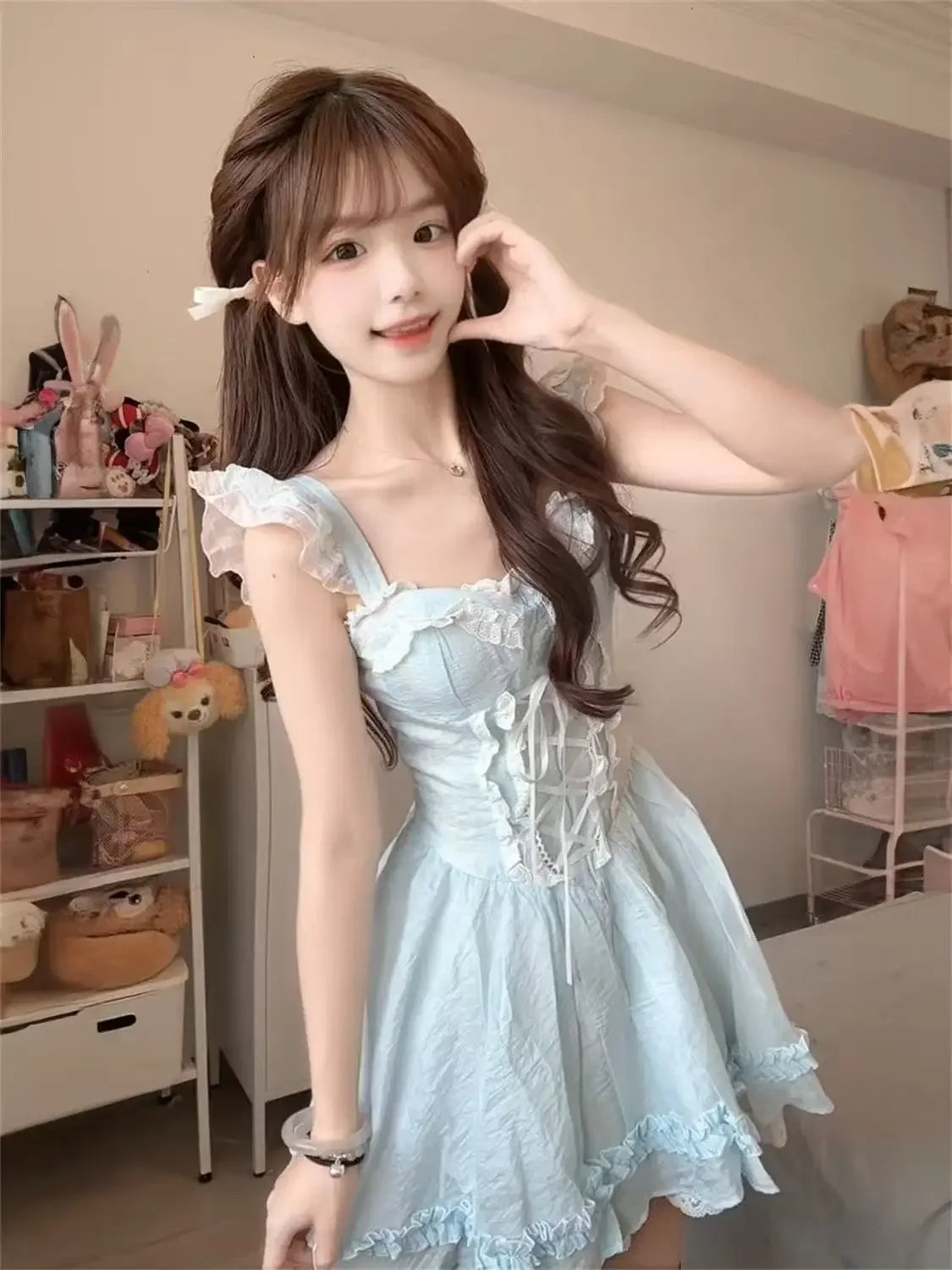 Cyflymder  Sweet Japanese Style Blue Strapless Mini Dress with Wood Grain Edge for Female Students Ideal for Holiday A- Line Skirt