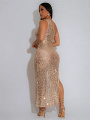 Cyflymder  Dresses for Women Clothing Wholesale Single Sleeve Long Dress with Sequins Deep V Neckline and Body Hugging