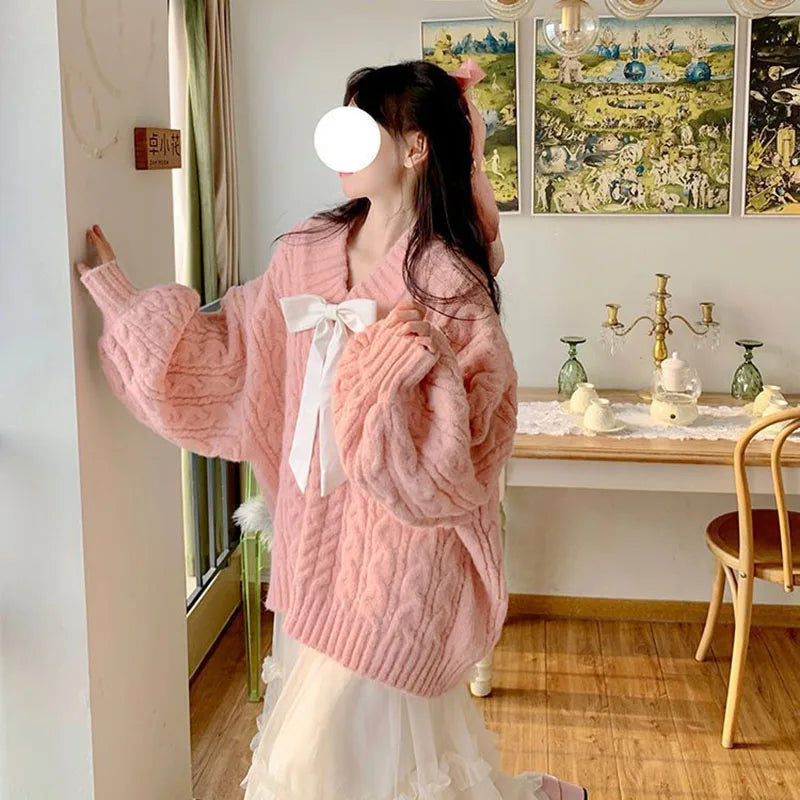 Cyflymder Pink Kawaii Oversize Knitwear Sweaters Women Sweet Cute Big Bow Pullovers Autumn Winter Keep Warm Lantern Sleeve V-Neck Sweater