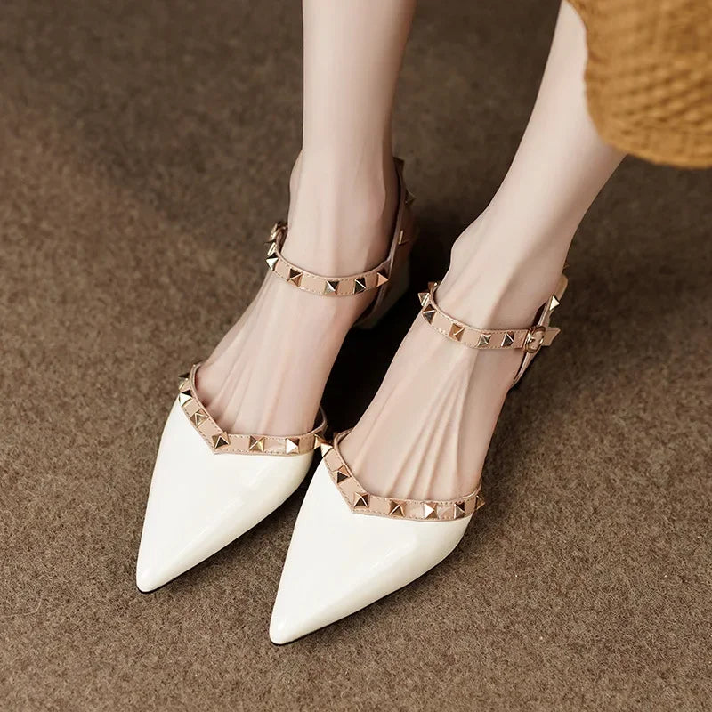 Cyflymder  Summer New French Coarse Heel Baotou Sandals Women Soft Leather Pointed Rivet Shallow Mouth Lacquer Leather Single Shoes Women