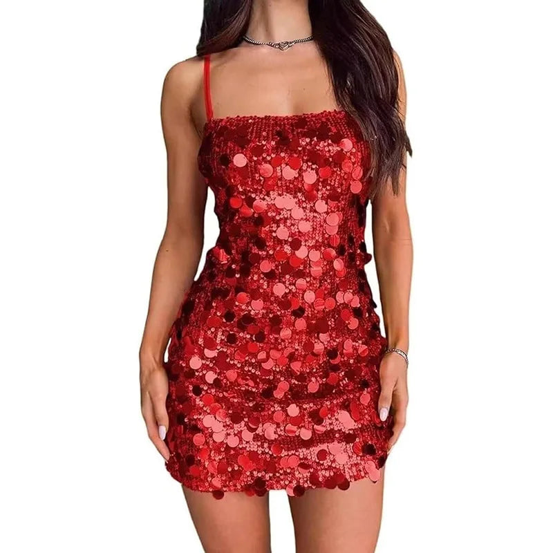 Cyflymder  Sling Sequin Hip Package Mini Dress Women Sexy Square Collar Sleeveless Backless Waist Cinching Slim Partywear Chic Ladies Robe