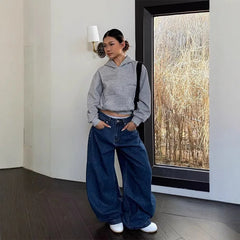Cyflymder  Washed American Style Wide Leg Jeans High Waist Straight Cut Commute Elegant High Quality Cotton Polyester Blend No Stretch