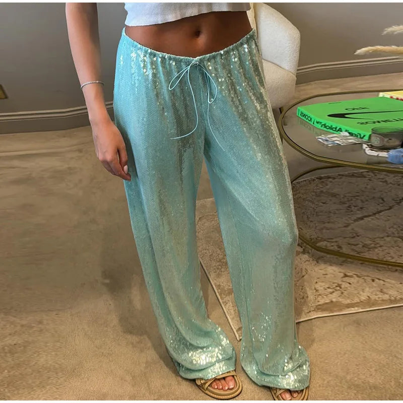 Cyflymder  Loose Solid Color Sequin Pants Woman Cinched Waist Glitter Straight Baggy Long Pants Casual Street Chic Sparkle Women's Trousers