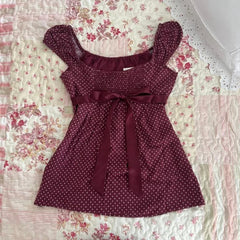 Cyflymder  Women Fairy Grunge Y2k Babydoll Shirt Cap Sleeve Micro Polka Dot Tie Back Flowy Babydoll Top Preppy Clothes