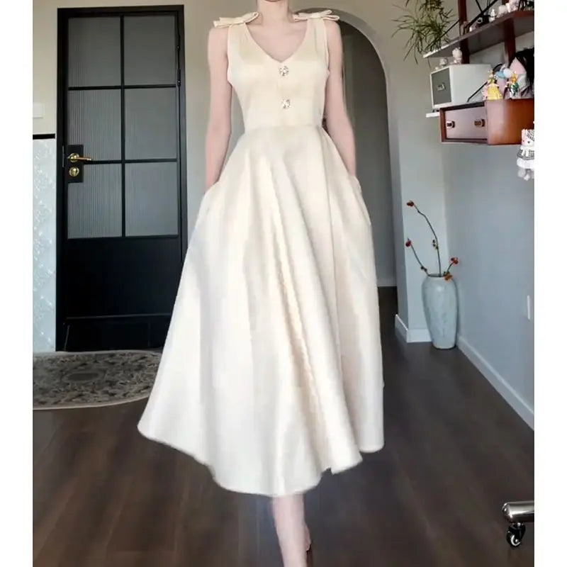 Cyflymder  Summer Champagne Bow A Line Dress Women Elegant Slim Waist Party Dress