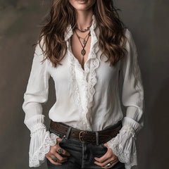 Cyflymder  Euramerican High Street Fashion Spliced Lace Edge Women Blouse Y2k Thin All Match Single Breasted Loose Shirts Harajuku Punk Top