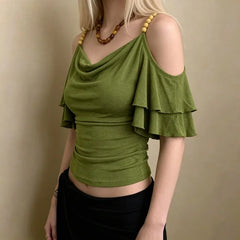 Cyflymder  Vintage Vibe Beading Sling Off The Shoulder T Shirts Y2k Fashion Ruffle Short Sleeve Slim Women Clothes High Street Casual Tops