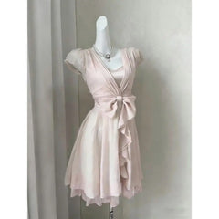 Cyflymder  Short Sleeve Waist Bow Dress Pink Short Fairy Dress