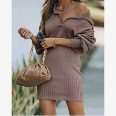 Cyflymder  Women Lapel Lantern Sleeve Knitted Dresses Autumn Winter Solid Color Dress Elegant Daily Casual Gown Female Office Commuter Wear