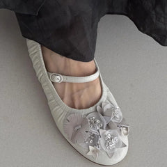 Cyflymder  Flower Beaded Decor One Strap Mary Jane Pumps Retro Soft Leather Grandma Shoes Flat Daily Casual Party Dress Footwear