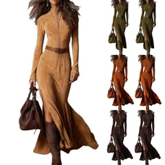 Cyflymder  Fashion Western Cowboy Long Dress with Pleated Wrap Design Solid Skinny Flowing Ruffled Hem Maxi Dress Chic Travel Clothes