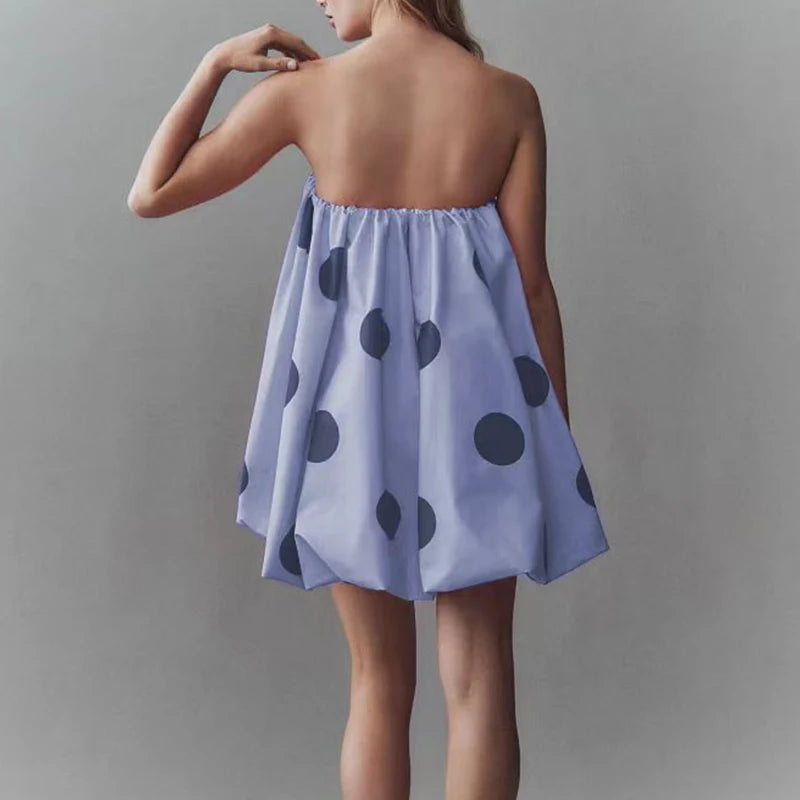 Cyflymder  Women Elegant Hight Waist Loose A-Line Dress Sexy Off Shoulder Strapless Short Dress Retro Polka Dot Print Sleeveless Mini Dress