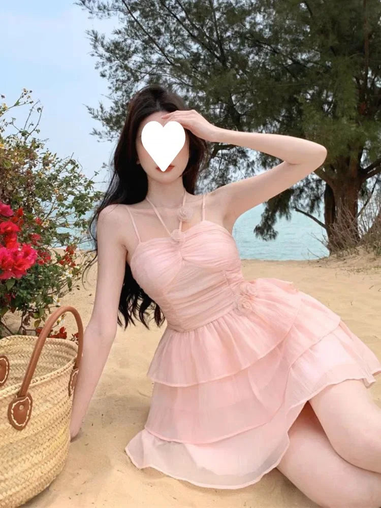 Cyflymder  Ballet Style Off-Shoulder Strap Dress Women's Summer New Waist-Cinching Slimming Heavy-Work Design Short Cake Skirt Dress