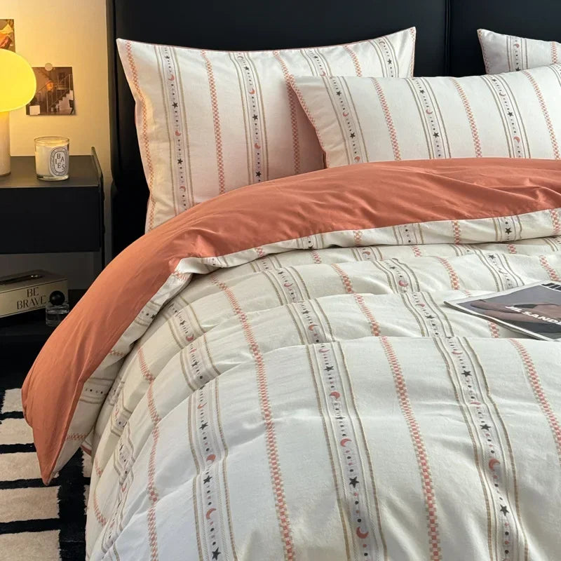 Cyflymder  4Pcs High-End Striped Jacquard Fitted Sheet Bedding 100% Cotton Soft Breathable Bedclothes Cozy Comfort Set with Corner Belt