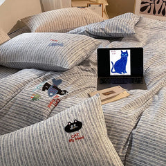 Cyflymder New Cotton Hemp Embroidery Bedding Sheet Sets Solid Cartoon Comfortable Soft Duvet Cover Kit Fitted Sheet Set for Single Queen