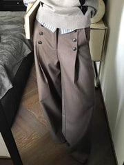 Cyflymder  Brown Wide Leg Women Suit Pants Vintage Button Pleated Old Money Style Straight Trousers Baggy A-Line Basic Casual