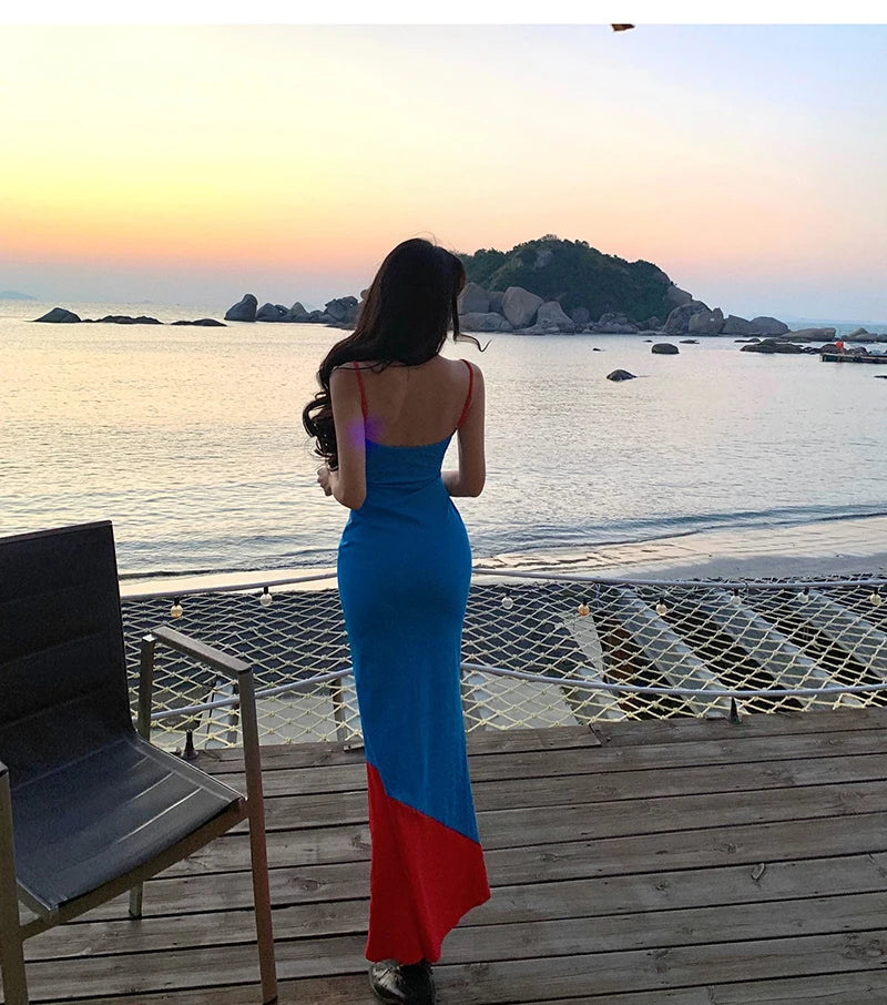 Cyflymder  Korean Women Blue Red Patchwork Sleeveless Backless Slip Dresses Summer Elegant Sexy Club Slim Wrap Hip Long Dress Popular Trend