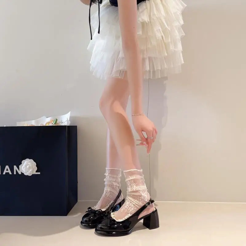 Cyflymder  Sweet Bowknot Patent Leather Mary Jane Shoes Women Summer Pointed Toe High Heel Sling Back Pumps Fashion Party Dress Shoes