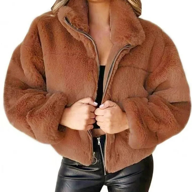 Cyflymder Women's Autumn Winter Faux Fur Short Coats Zipper Cardigan Plush Warm Coat Female Oversized Outerwear Overcoat Thick Jacket