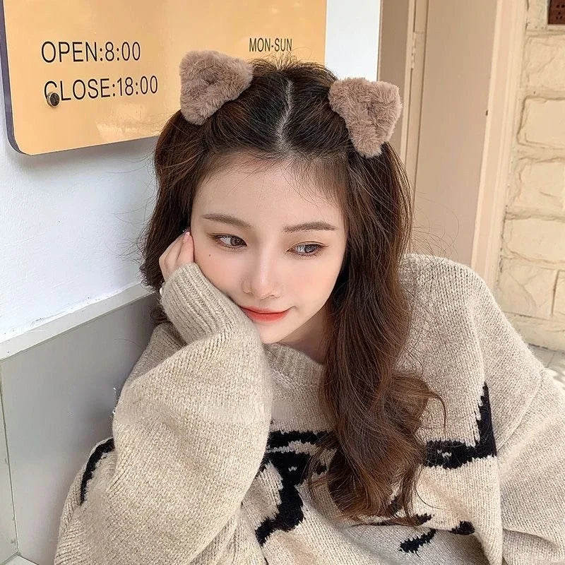 Cyflymder Plush Cat Ears Hair Clips For Women Girls Lamb Cashmere Hairpin Forehead Bangs Clip Fluffy Children New Winter Hair Accessories