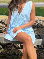 Cyflymder  Women s Sleeveless Floral Print Mini Dress with Deep V Neckline and Eyelet Detailing - Perfect for Summer Beach Days