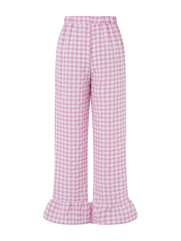 Cyflymder  Fashion Womens Plaid Print Pants Ruffles Legs Gingham Wide Leg Loose Casual Pull On Trousers Y2K Retro Chic Going Out Pants