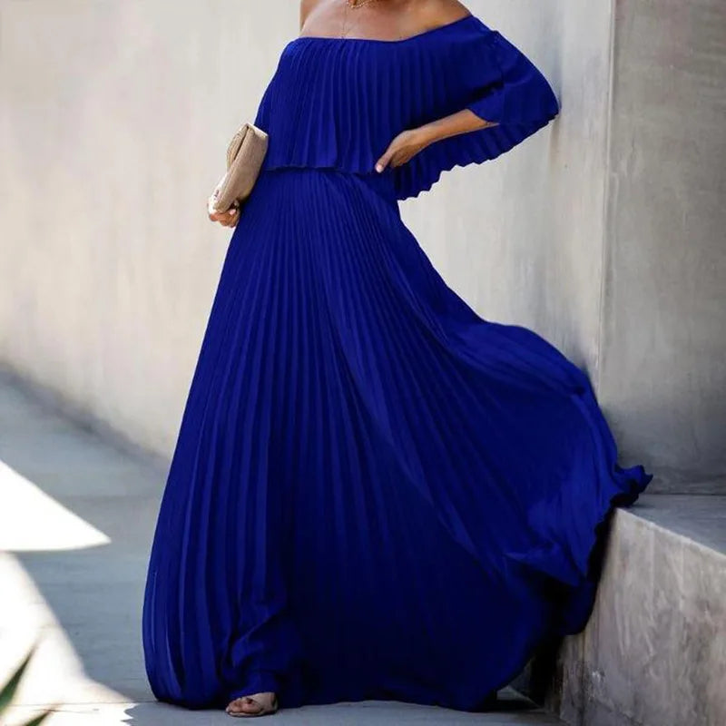 Cyflymder  Blue Folded One-oulder Elastic Waist Beach Coast Dr Women's Mid-Length Skirt Polyester Fiber Summer Season ort Sve