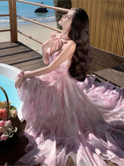 Cyflymder  Women Elegant Pink 2025 Spaghetti Strap Fashionable Long Dress Summer Beach Holiday Party Floral Dresses Sweet High Waist Robe