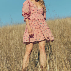 Cyflymder  Womens Bohemian Puff Sleeve Dress Boho V-Neck Ruffle Layered Hem Mini Dress Floral Flowy Ruffle Tiered Short Dresses