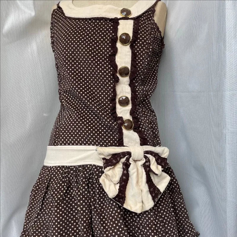 Cyflymder  New Y2K French Retro Polka Dot Print Summer Slim Dress Sweet Bow Appliques Sleeveless Dress Harajuku Buttons Design Punk Clothes