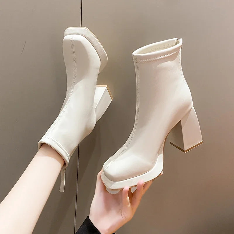 Cyflymder Beige Women Ankle Boots Platform Square High Heel Ladies Short Boots Patent PU Leather Round Toe Women's Boots