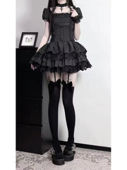 Cyflymder  Dark Gothic Sweet Lolita Dress Women Cross Patchwork Lace Ruffle Puff Sleeve Tie Waist Slim Fit Mini Dress Sexy Party Outfit