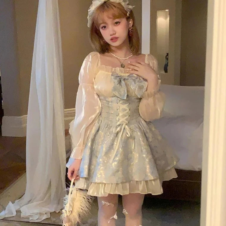 Cyflymder DRESS TO IMPRESS Korean Fashion Y2k Lolita Mini Dress Women Kawaii Bow Sweet Print Long Sleeve Fairy Party Dresses Casual One Piece Floral Dress