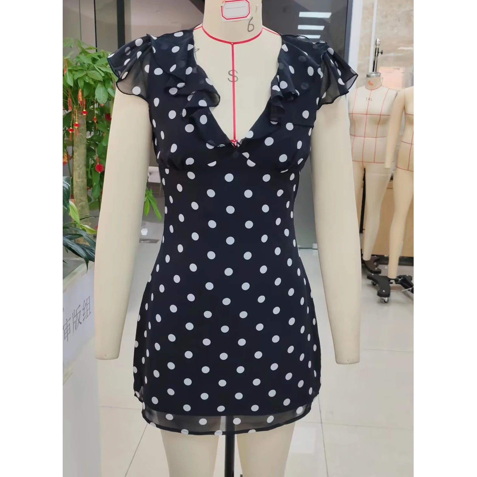 Cyflymder  Luxury Women Casual Dot Print Short Dress Lace Slim V Neck Flying Sleeve A-line Mini Dress for Daily Party Club