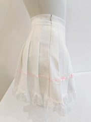 Cyflymder   Cute Pleated Skirts Women High Waist Lace Trim Pink Bows Decoration Sweet A-line Mini Shorts Skirt Harajuku