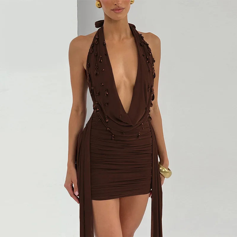 Cyflymder  Sexy Rhinestone Detail Deep V Halter Mini Party Dress for Women Fashion Solid Sleeveless Backless Ruched Ribbon Club Dress