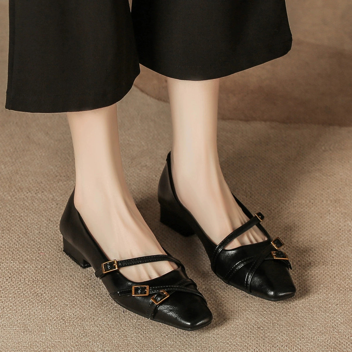 Cyflymder   Women Mary Jane Pumps Square Toe Single Shoes Low Block Heel Multi‑Buckle Strap Faux Leather Vintage Retro Ladies Dress Shoes