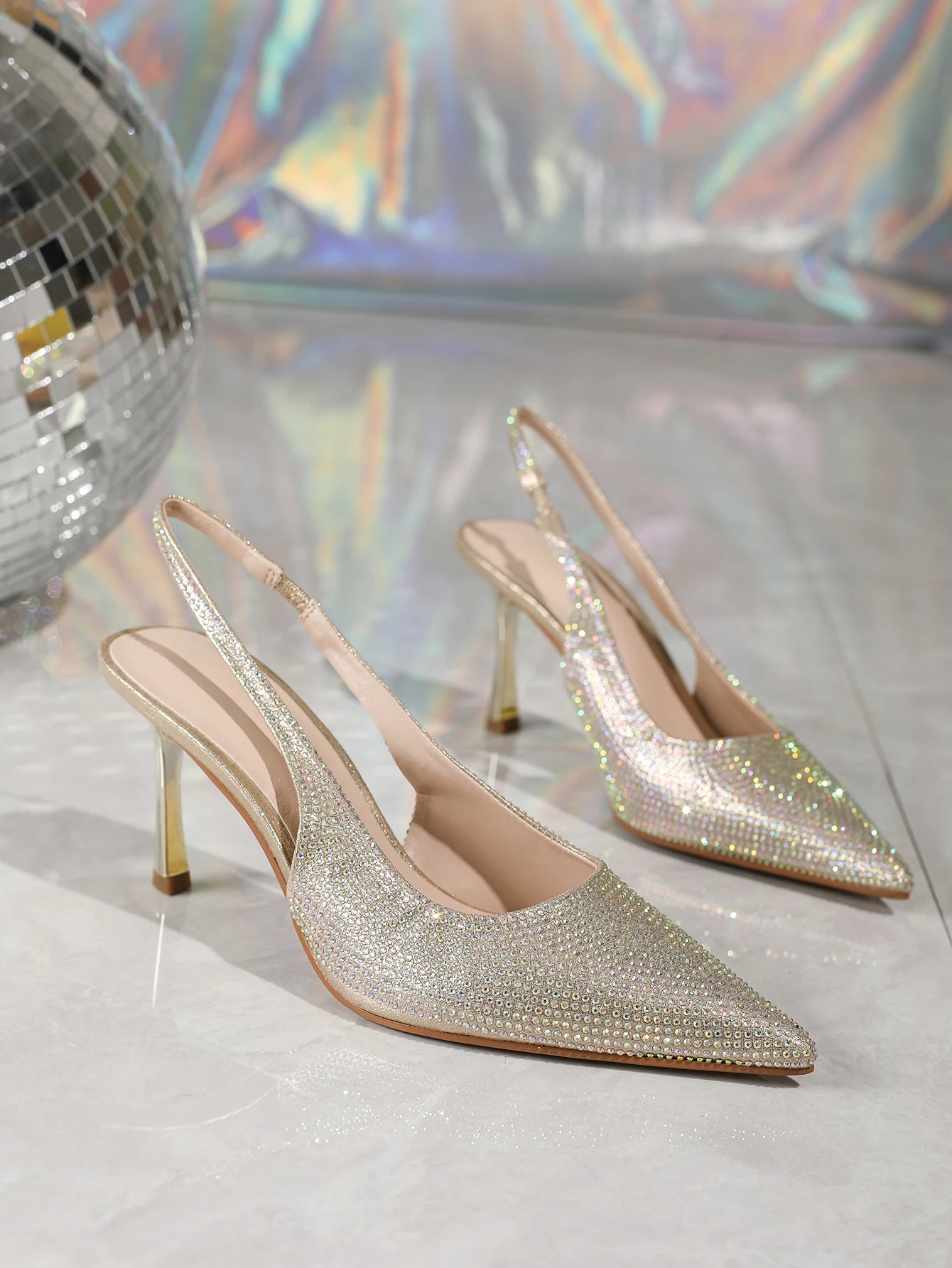 Cyflymder  Womens Bridal Shoes Satin Diamante Ladies Slingback Party Pointed Court Shoes Size