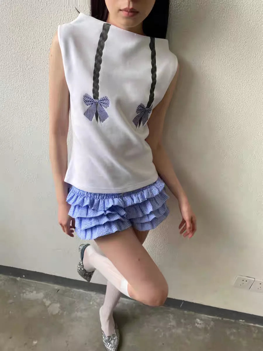 Cyflymder  Designer Ruffles Blue Plaid Shorts Women Summer Designer Low Rise Bloomers Micro Cute Shorts Fashion Y2K Bottoms