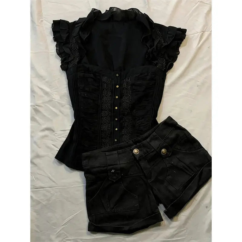 Cyflymder  Women Y2K Vintage 2 Piece Set Women Elegant Retro Slim Lace Tops + High Waist Shorts Casual Streetwear Harajuku Grunge Outfits