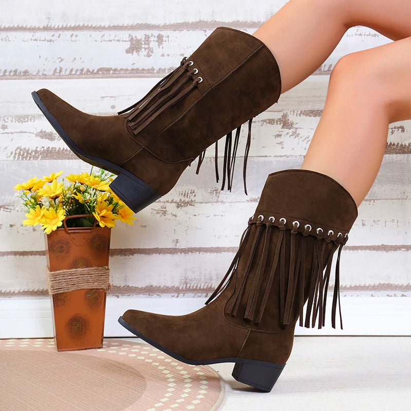 Cyflymder Women's Tassel Boots Thick Heel Retro Western Suede Leather Mid Length Boots Womens Point Toe Boots Mid Calf with Zipper Booties