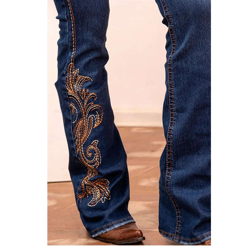 Cyflymder  [Classy Cowgirl Jeans] Women's High-waist Stretch Flare Jeans, Elegant Slim Fit, Embroidered Flora and Paisley Bell Bottoms