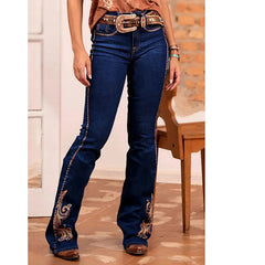 Cyflymder  [Classy Cowgirl Jeans] Women's High-waist Stretch Flare Jeans, Elegant Slim Fit, Embroidered Flora and Paisley Bell Bottoms