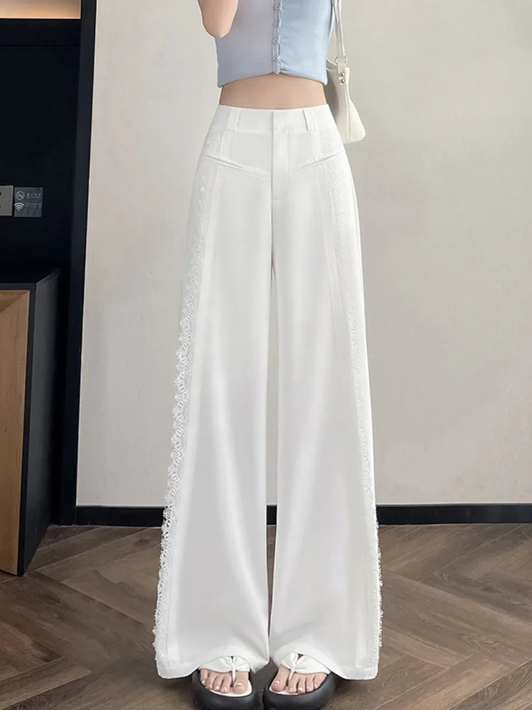 Cyflymder  Lace Patchwork Suit Wide Leg Pant Women Elegant Sweet Loose High Waist Trousers Korean Fashion Casual Lady Ice Silk Pants