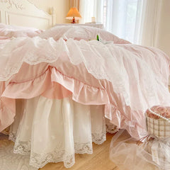 Cyflymder 100% Cotton Romantic French Princess Wedding Bedding Set Lace Ruffles Duvet Cover Lace Bed Sheet Bed Skirt Bedspread Pillowcases